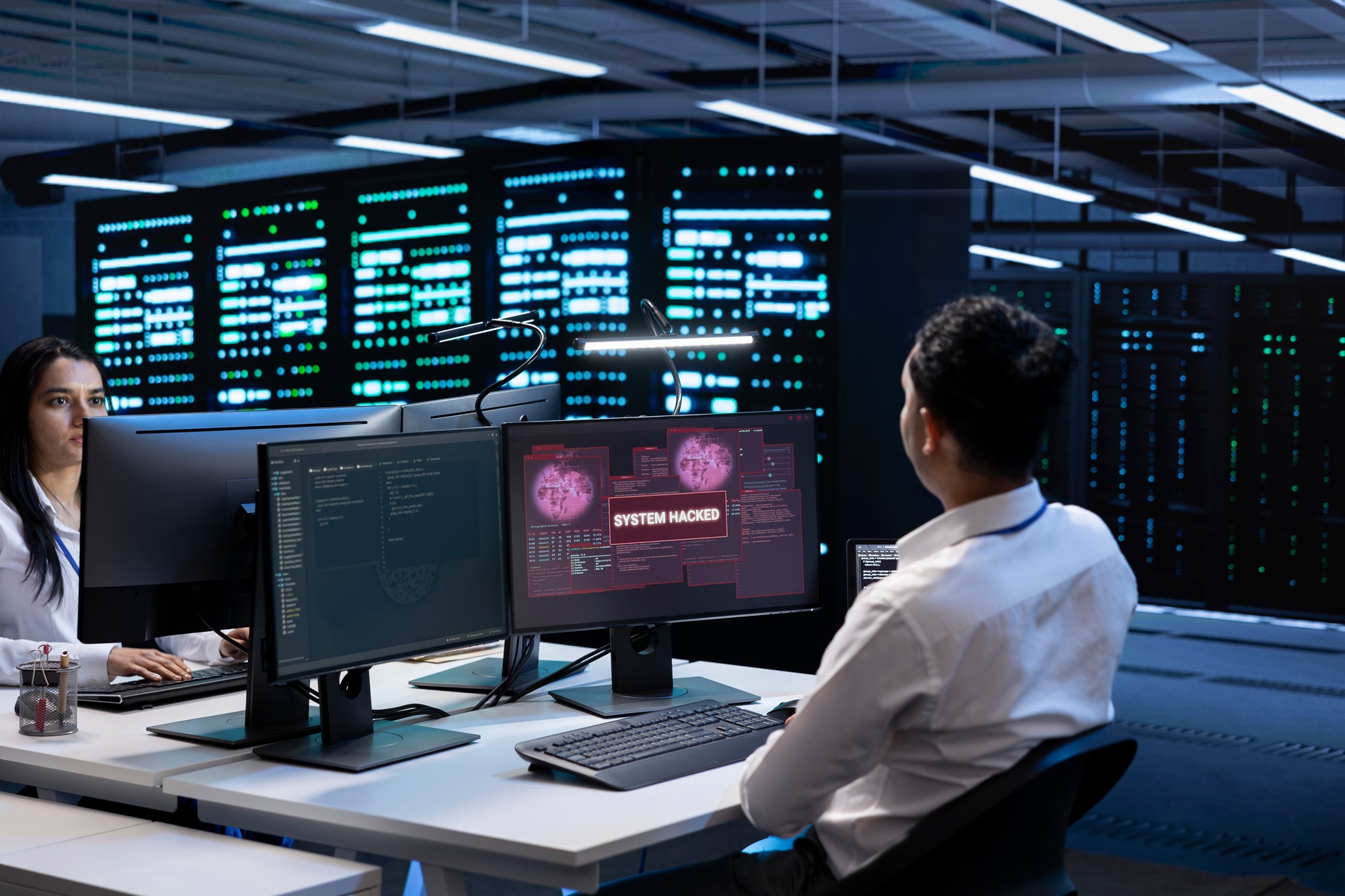 Data center cybersecurity division colleagues fighting malware